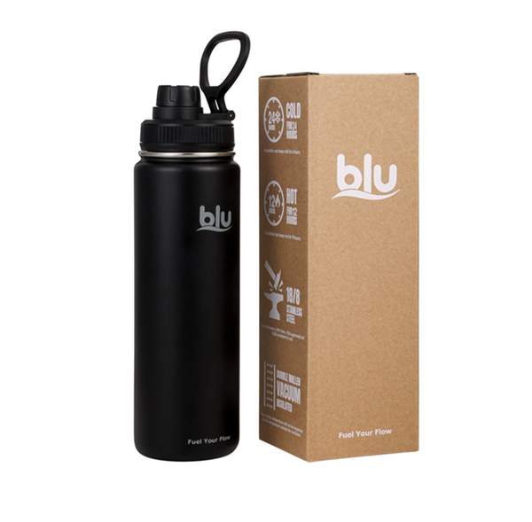 BLU Vaccum Steel Water Bottle - Hot & Cold Thermos - Screw Lid 710ml Black