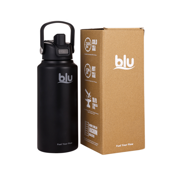 BLU Vaccum Steel Water Bottle - Hot & Cold Thermos - Chug Lid 940ml Black