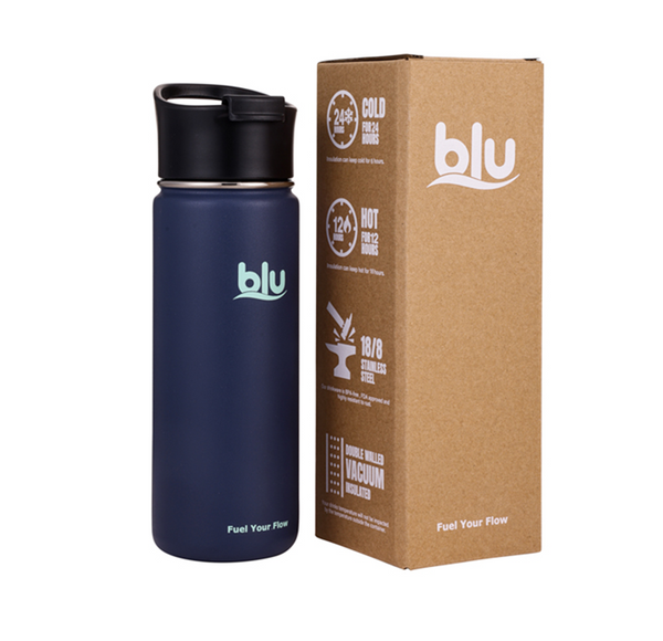 BLU Vaccum Steel Water Bottle - Hot & Cold Thermos - Flip Lid 530ml Navy