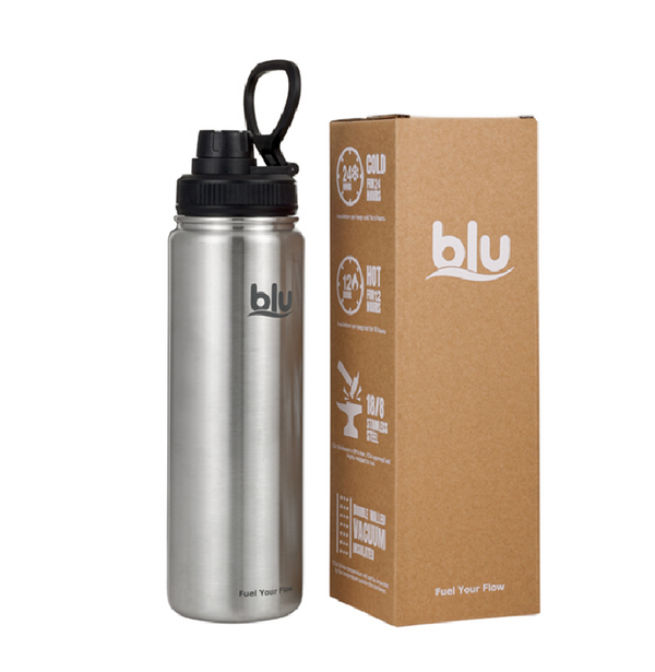 BLU Vaccum Steel Water Bottle - Hot & Cold Thermos - Screw Lid 710ml Silver