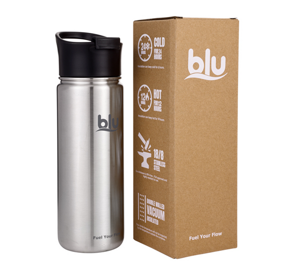 BLU Vaccum Steel Water Bottle - Hot & Cold Thermos - Flip Lid 530ml Silver
