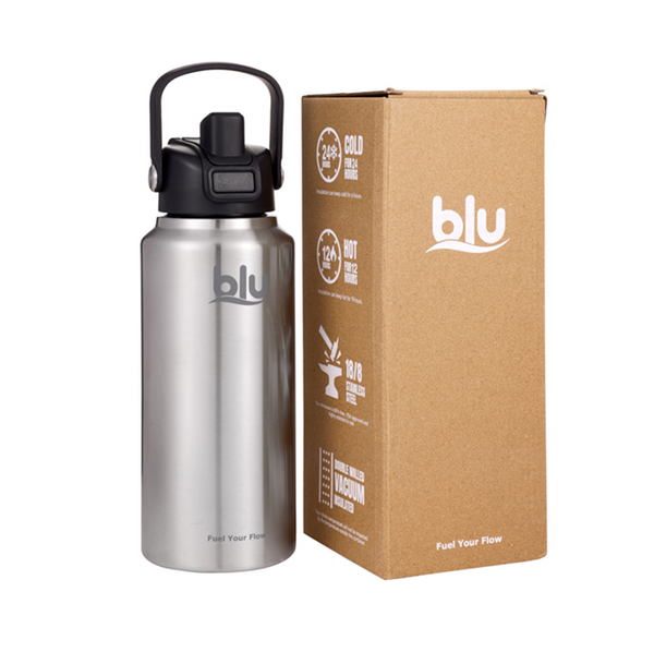 BLU Vaccum Steel Water Bottle - Hot & Cold Thermos - Chug Lid 940ml Silver