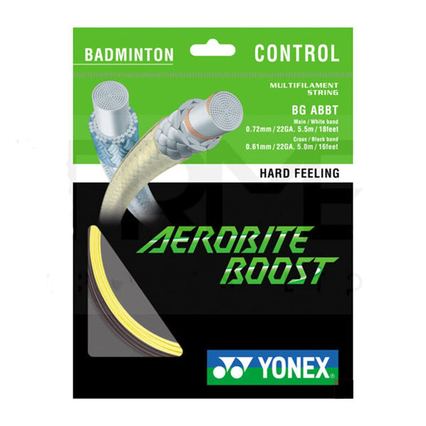 Yonex Badminton string - BG Aerobite Boost Hybrid For Powerfull Smash & Sharp Spin Main 0.72mm & Cross 0.61mm Grey/Yellow