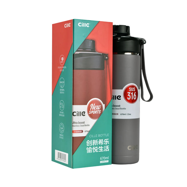 Cille Steel Bottle Hot &amp; cold Thermos Vacuum Flask Bottle Xb-19125 670ml- Gray